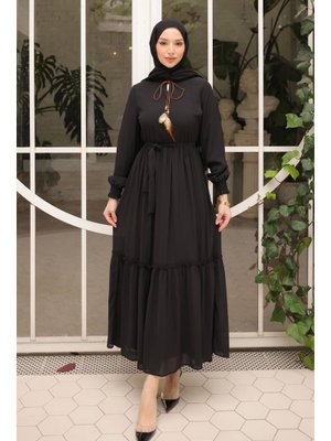 İmaj Butik Siyah Eteği Katlı Kuşaklı Şifon Elbise