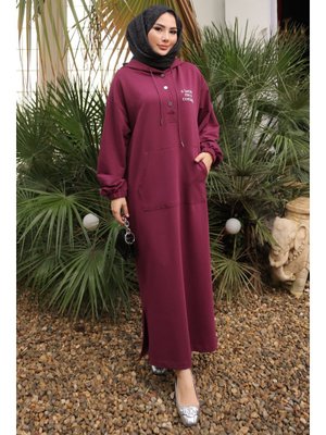 İmaj Butik Mürdüm Baskılı Kapüşonlu İki İplik Elbise