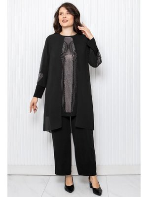 FAHİMA Siyah Taş Baskı Detaylı İkili Takım