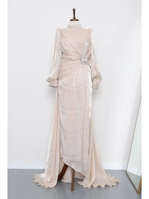 İmaj Butik Bej Önü Taş Detaylı Abiye Elbise