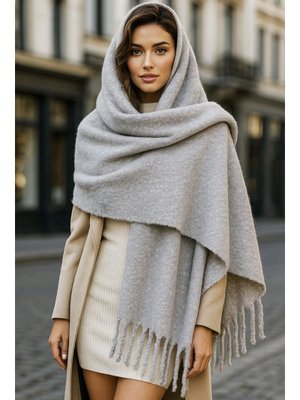 Remsa Gri Püsküllü Buklet Atkı Şal 45x210 Cm 1257