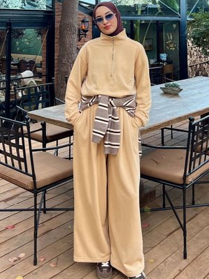 Ceylan Otantik Bej İplik Yarım Fermuarlı Eşofman Takım