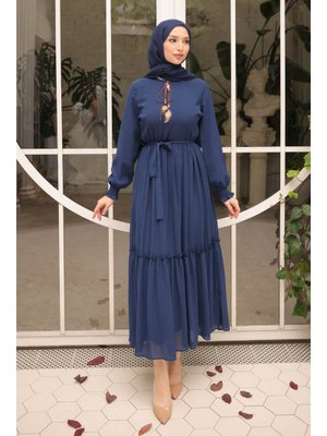 İmaj Butik Lacivert Eteği Katlı Kuşaklı Şifon Elbise