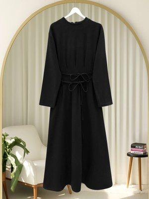 Podyumplus Siyah Beli Drapeli Çift Bağcıklı Selanik Elbise