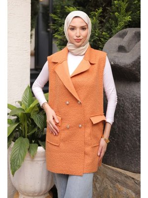 İmaj Butik Camel Kruvaze Yaka Cepli Buklet Yelek