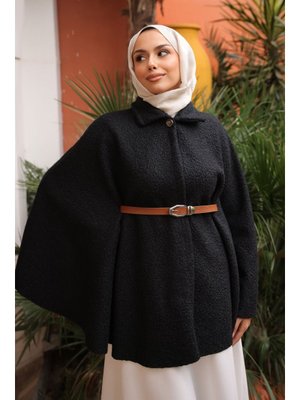 İmaj Butik Siyah Kemerli Buklet Panço
