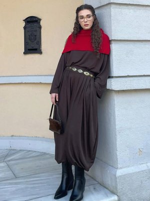 Ceylan Otantik Acı Kahve Chanel Kumaş Şalvar Pantolon Takım