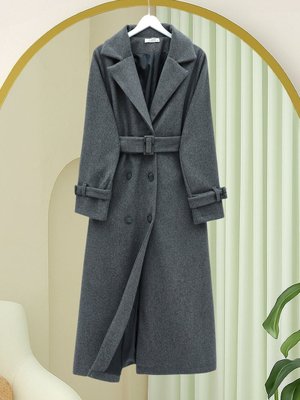 Podyumplus Füme Önü Düğmeli Beli Ve Kolu Kemerli Cepli Astarlı Kaşe Kap