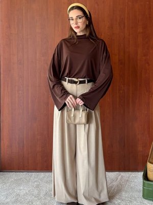 Ceylan Otantik Jarse Bluz & Pile Detay Palazzo Pantolon Takım Acı Kahve Vizon