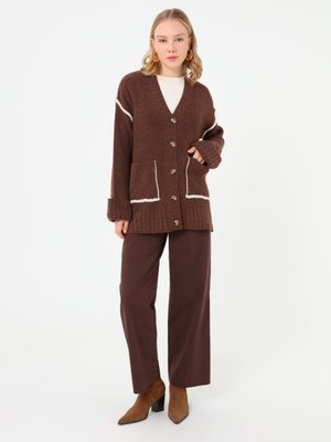 Benin Kahverengi Kontrast Detaylı Triko Hırka