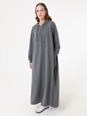 Benin Gri Melanj Kapüşon Detaylı Fermuarlı Spor Kap / Pardesü