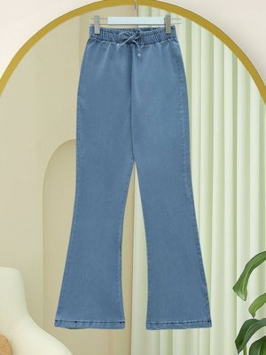 Podyumplus Buz Mavi Beli Lastikli Bağcık Detaylı İspanyol Paça Kot Pantolon