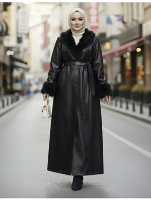 Harmatime butik Yakası Tüylü Kuşaklı İçi Astarlı Deri Siyah Kap