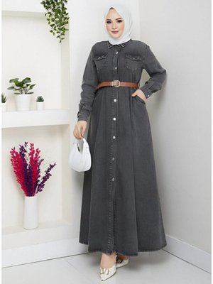 Harmatime butik Düğmeli Kemerli Denim Kot Siyah Elbise