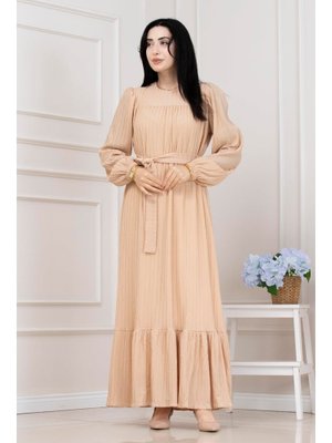 Sevitli Krem Robalı Sahra Elbise