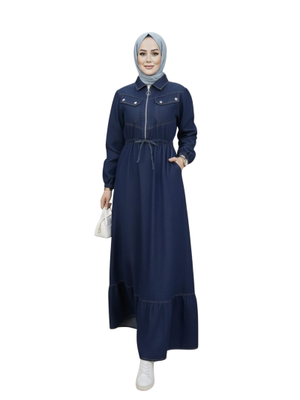 Harmatime butik Cep Detaylı Fermuarlı Lacivert Kot Elbise