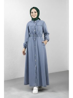 Harmatime butik Cep Detaylı Belden Lastikli Denim Kot Mavi Elbise
