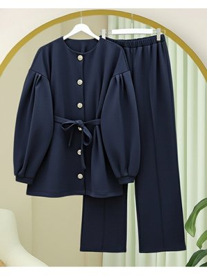 Podyumplus Laci Balon Kol Beli Kuşaklı Önü Düğmeli Scuba Takım