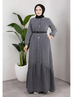 Harmatime butik Düğmeli Kuşaklı Denim Koyu Gri Kot Elbise