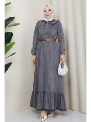 Harmatime butik Taş Detaylı Fermuarlı Kemerli Kot Gri Elbise