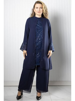 FAHİMA Lacivert Taş Payet İşlemeli Şifon Pantolon Tunik Takım