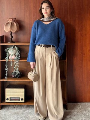 Ceylan Otantik Vizon Pile Detay Palazzo Pantolon