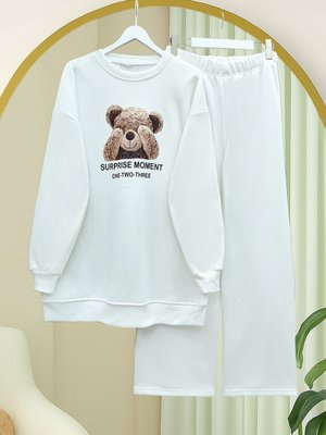 Podyumplus Beyaz Ayıcık Baskılı Şardonlu İplik Sweat Takım