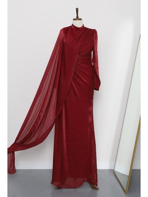 İmaj Butik Bordo Önü Büzgülü Abiye Elbise