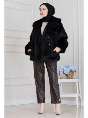 Sevitli Siyah Şal Yaka Cırt Cırtlı Suni Kürk