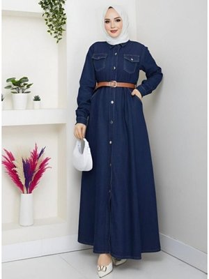 Harmatime butik Düğmeli Kemerli Denim Lacivert Kot Elbise