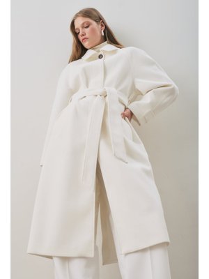 MANUKA Ekru Premıum Kaşe Uzun Kaban