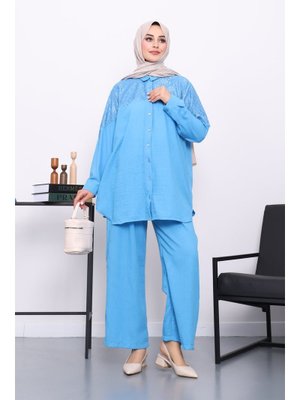 İmaj Butik Mavi Dantel Detaylı Boncuklu Tunik Pantolonlu Takım