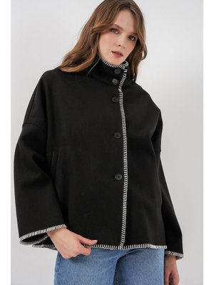 Bigdart Siyah Nakışlı Kaşe Ceket
