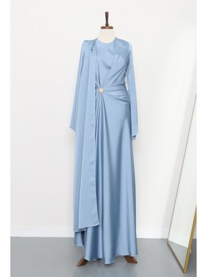 İmaj Butik Bebe Mavi Önü Pelerinli Drapeli Saten Abiye Elbise