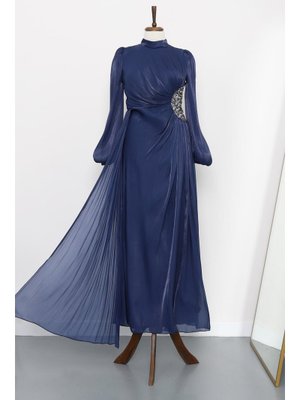 İmaj Butik Lacivert Kolu Lastikli Taş Detaylı Abiye Elbise