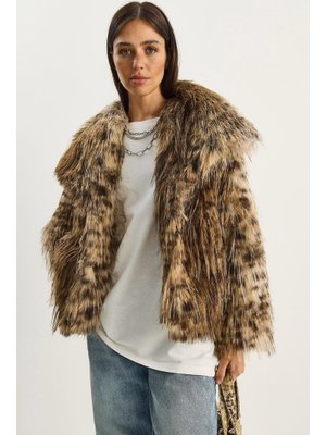 Bianco Lucci Camel Desenli Geniş Yaka Astarlı Volümlü Premium Suni Kürk