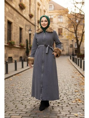 Harmatime butik Tüylü Yakalı Kuşaklı Denim Siyah Kot Kap