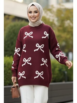 Neva Style Kurdele Desenli Koyu Bordo Triko Kazak 8754kbr