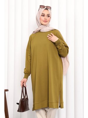 İmaj Butik Yağ Yeşili Yanları Yırtmaçlı Modal Tunik