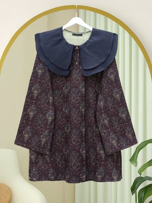 Podyumplus Mürdüm Önlük Yaka Yarım Düğmeli Yırtmaçlı Kapitone Tunik