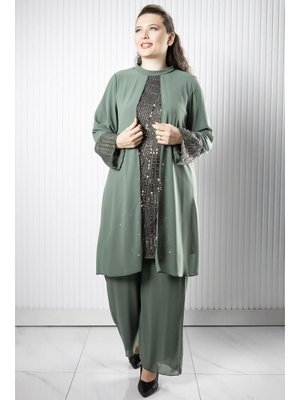 FAHİMA Haki Taş Payet İşlemeli Şifon Pantolon Tunik Takım