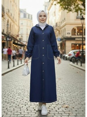 Harmatime butik Düğmeli Kapüşonlu Cepli Kot Lacivert Kap