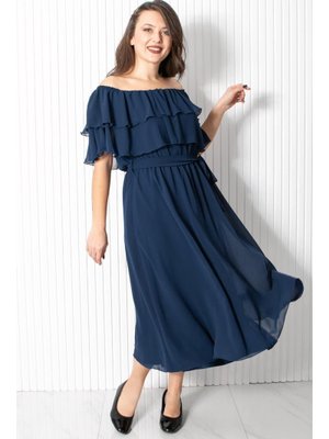 FAHİMA Lacivert Karmen Yaka Şifon Abiye Elbise