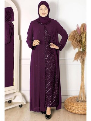FAHİMA Mor Pelerinli Payet Detaylı Abiye Mürdüm