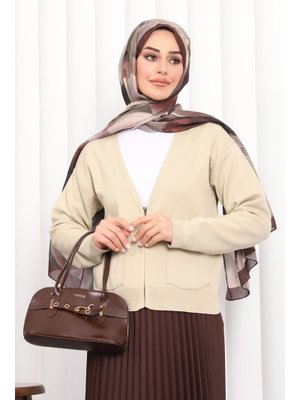 İmaj Butik Bej Çift Cepli Fermuarlı Triko Hırka