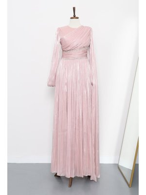 İmaj Butik Pudra Bel Büzgülü Taşlı Abiye Elbise