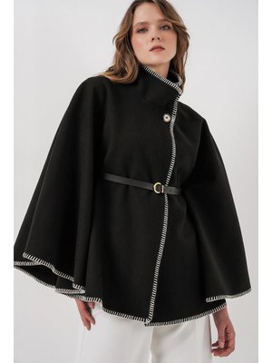 Bigdart Siyah Dikiş Detaylı Kaşe Panço