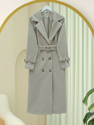 Podyumplus Bej Önü Düğmeli Beli Ve Kolu Kemerli Cepli Astarlı Kaşe Kap