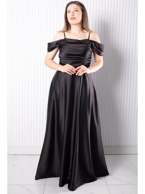 MODAVİKİ Siyah Askılı Saten Abiye Elbise