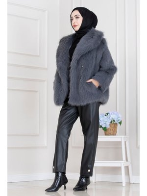 Sevitli Antrasit Şal Yaka Cırt Cırtlı Suni Kürk